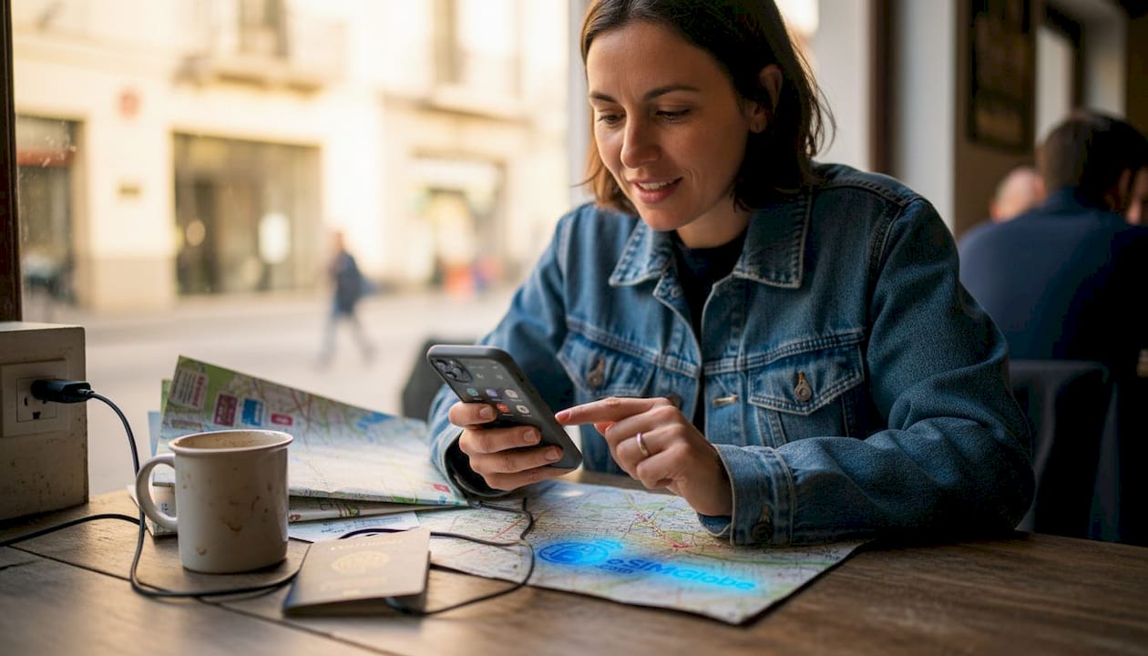 Traveler checks phone for eSIM global connectivity