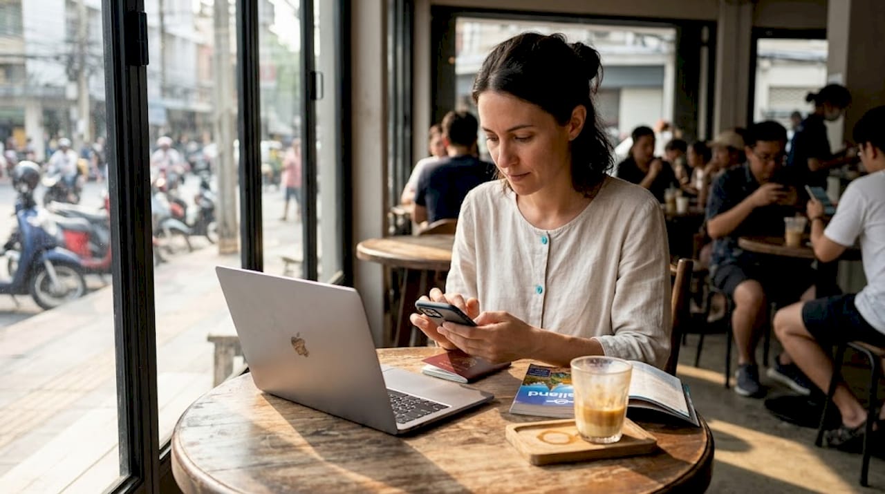 Traveler activating eSIM on smartphone in Bangkok café