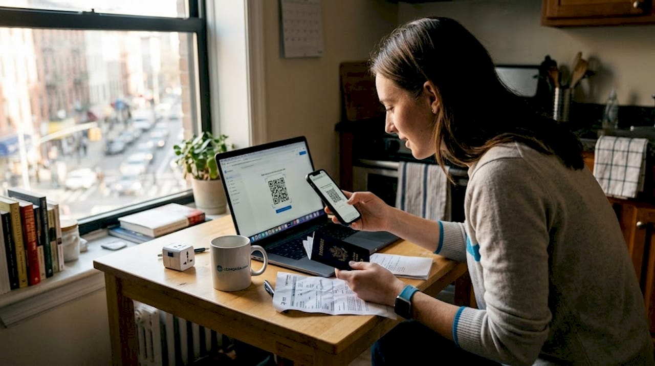 Person activating eSIM at kitchen table