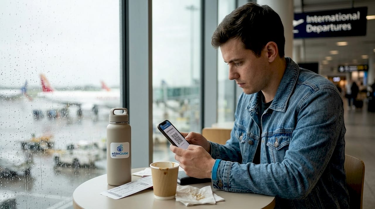 Traveler sets up eSIM at airport café
