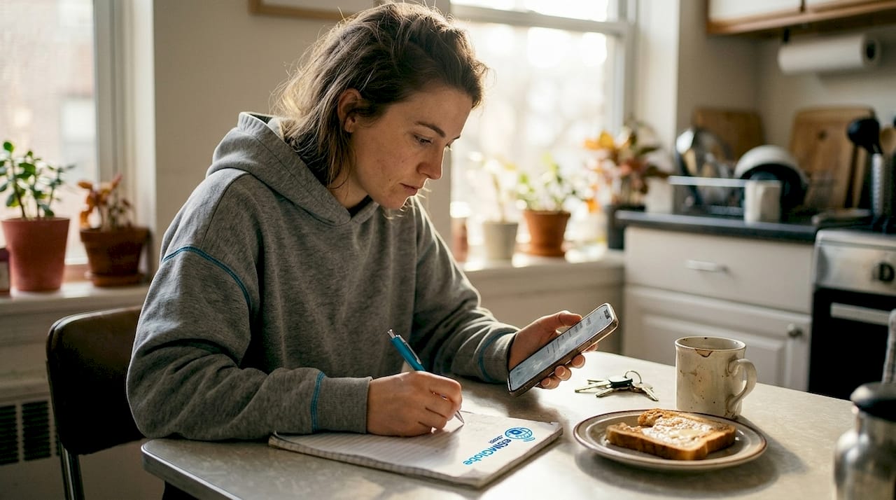 Woman checks phone settings by kitchen window
