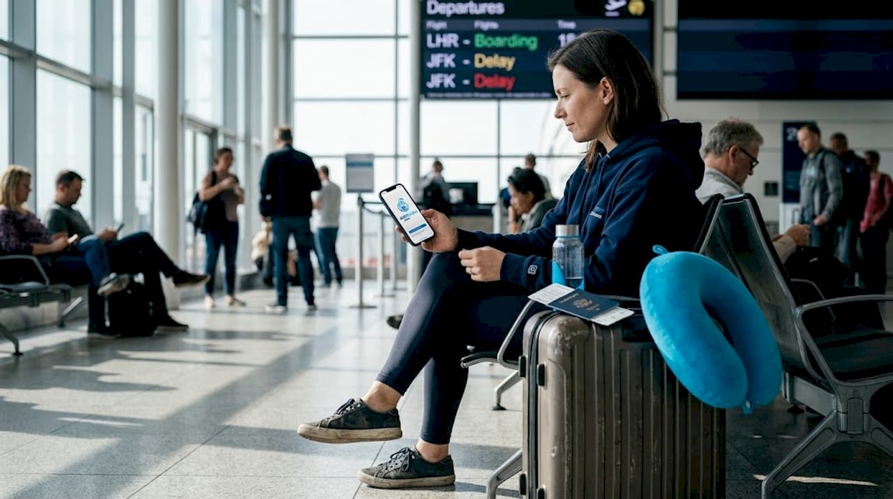 Traveler using smartphone at busy airport gate