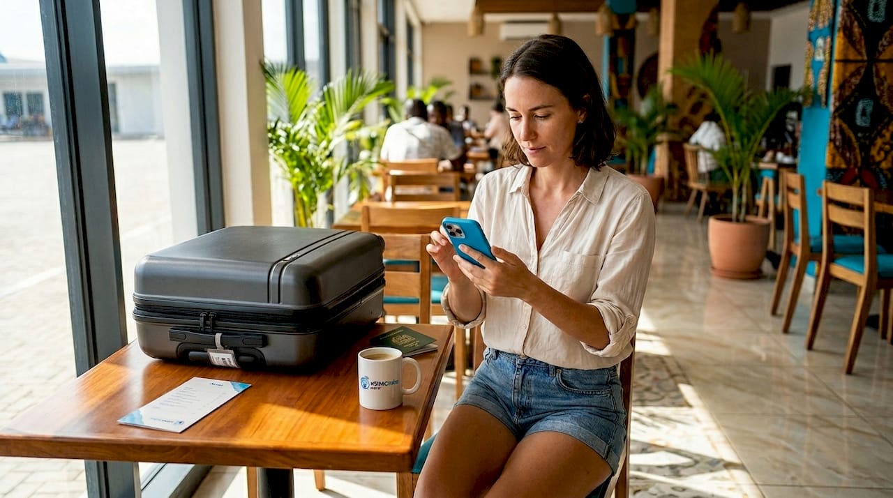 Traveler activating phone eSIM in Zanzibar airport terminal