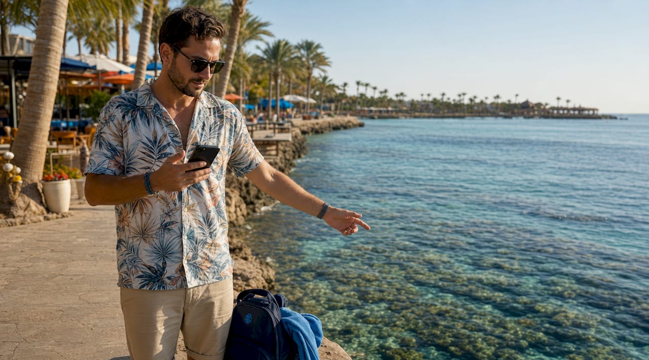 Traveler using smartphone outdoors in Sharm El Sheikh