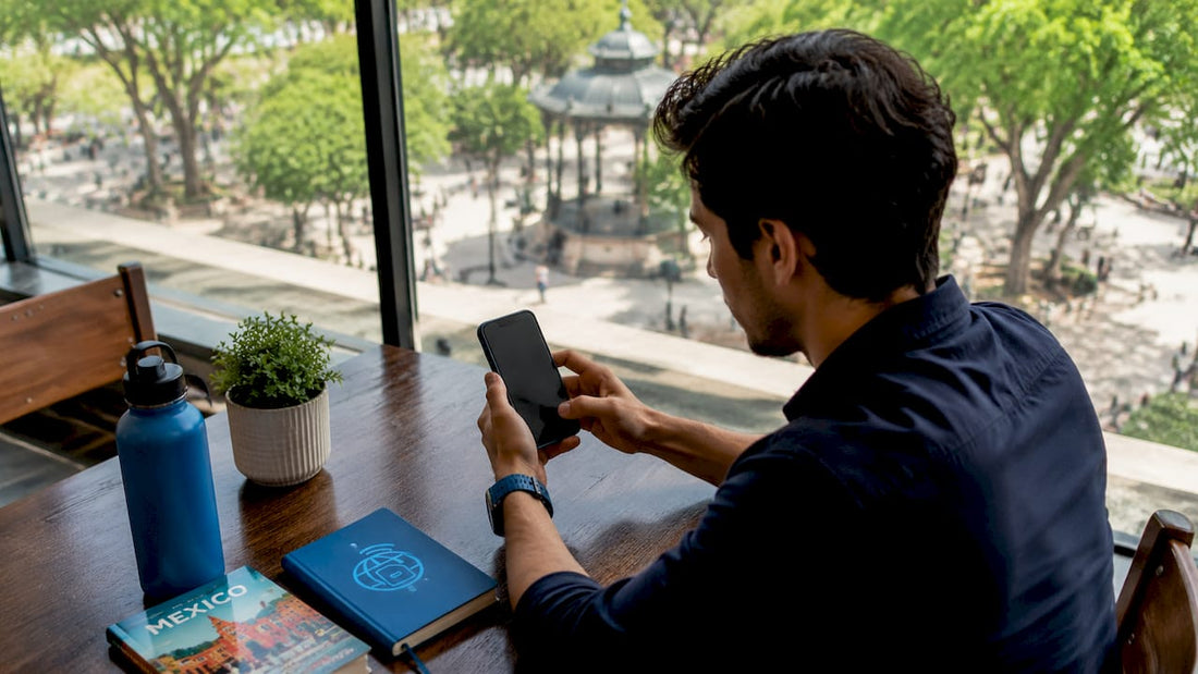 Person activating eSIM on smartphone at home desk