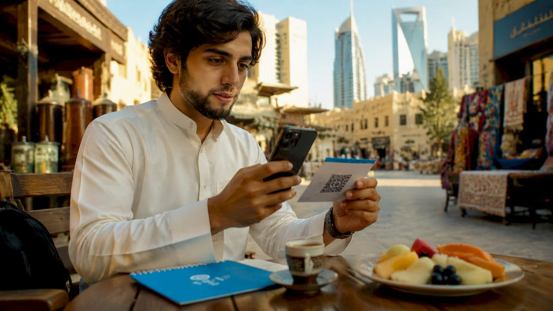 Man activating eSIM on smartphone in Riyadh café