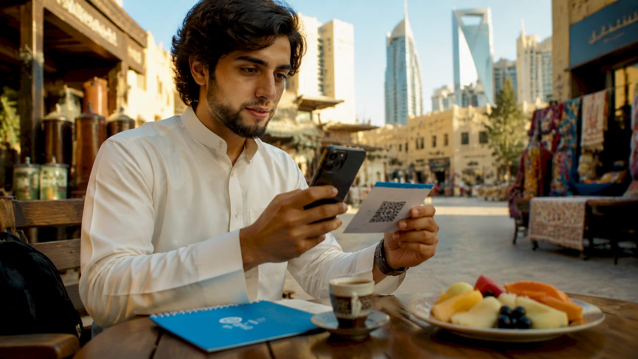 Man activating eSIM on smartphone in Riyadh café