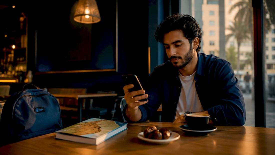 Man making WhatsApp call on phone in Dubai café