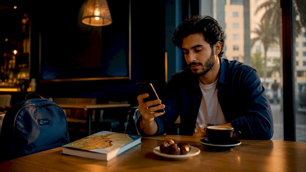 Man making WhatsApp call on phone in Dubai café