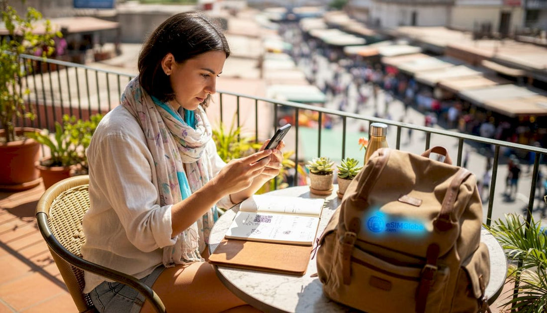 Traveler activating eSIM on smartphone at outdoor café