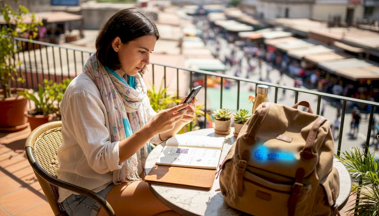 Traveler activating eSIM on smartphone at outdoor café