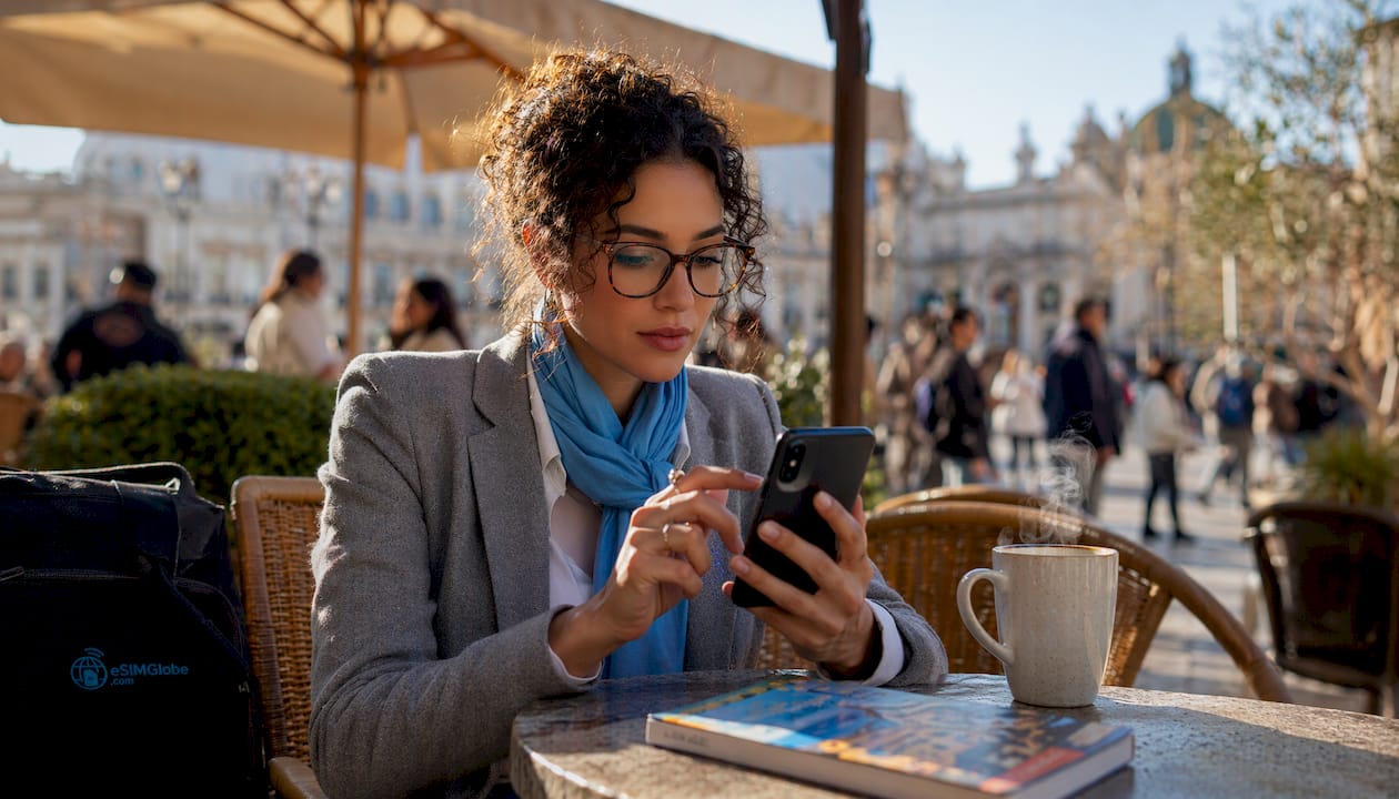 Woman activating eSIM on smartphone in café