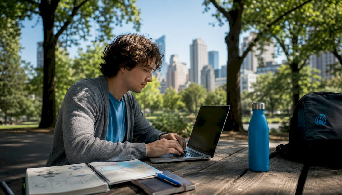 Young man working remotely at rooftop garden