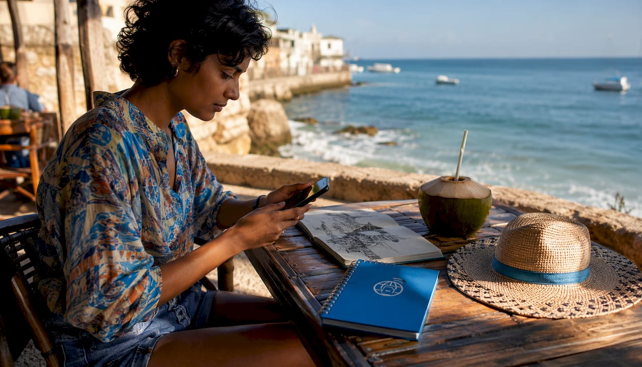 Traveler activating eSIM on smartphone outdoors
