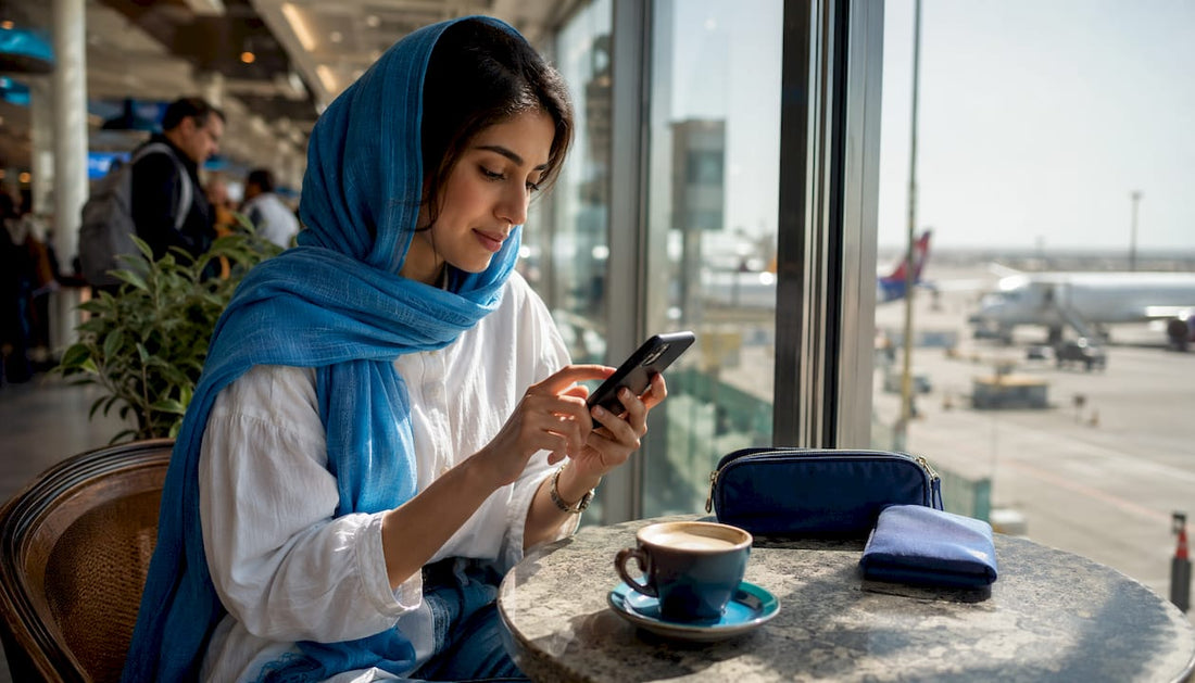 Traveler activating eSIM on smartphone at airport café