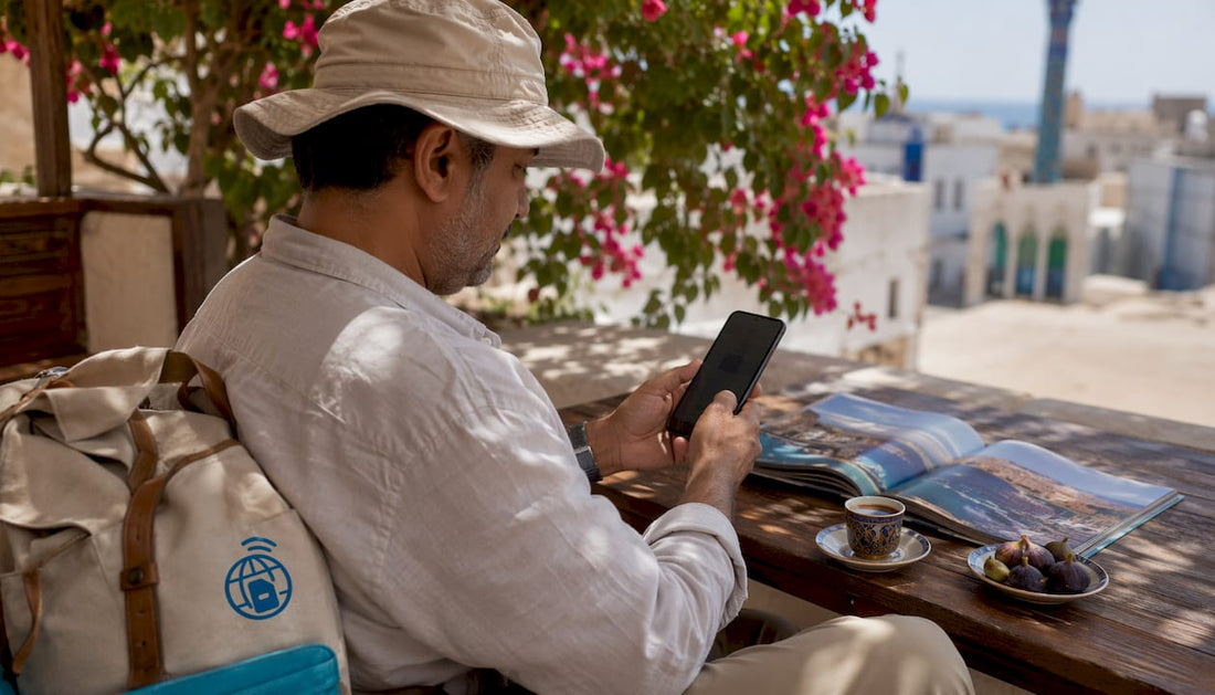 Traveler setting up eSIM on smartphone outdoors