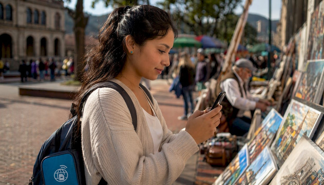 Traveler activating Colombia eSIM at airport