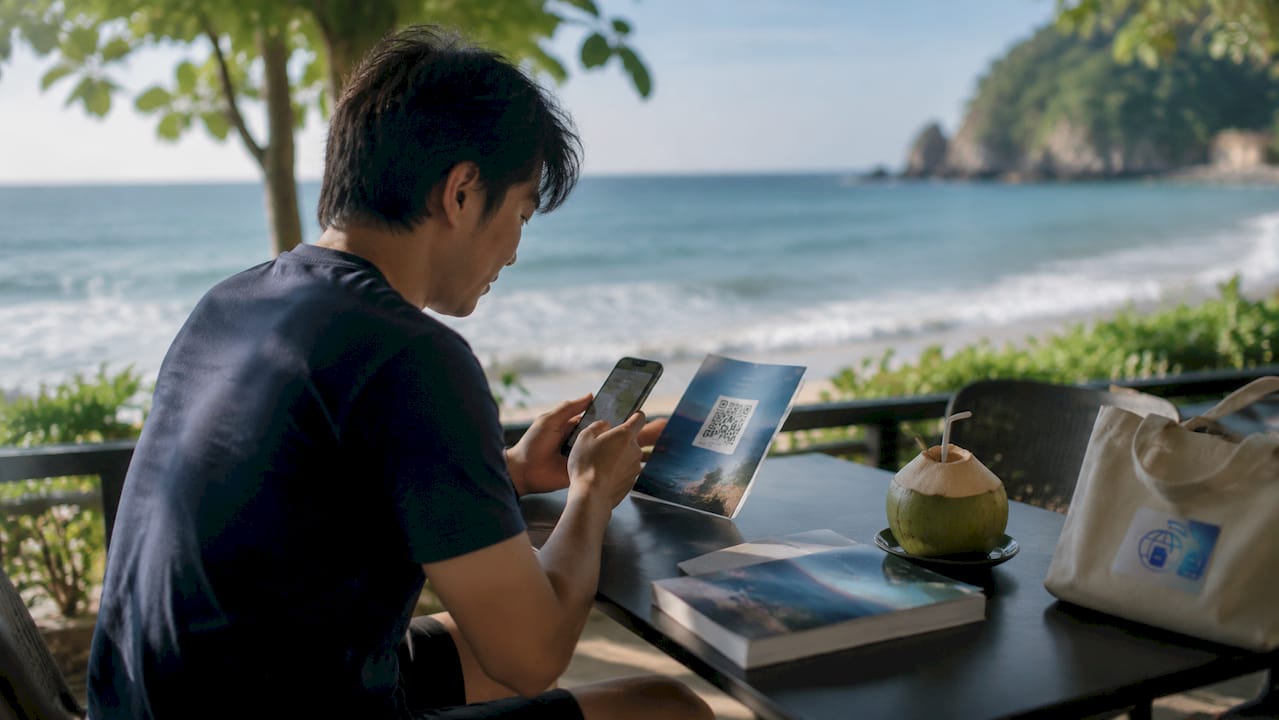 Traveler setting up eSIM on smartphone in airport café