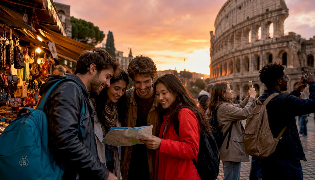 Tourists at Colosseum entrance in morning light