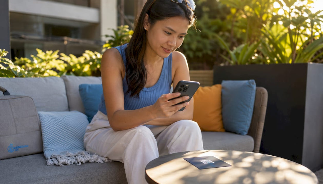 Woman activating eSIM on iPhone at home