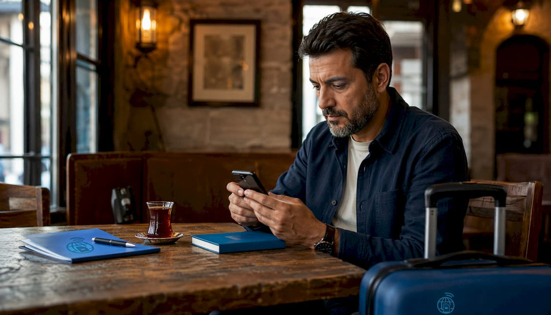 Traveler activating eSIM on phone indoors