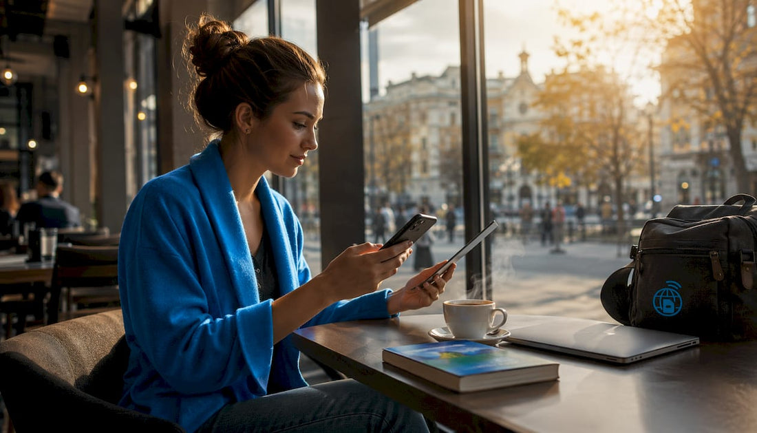 Traveler activating European eSIM on phone indoors