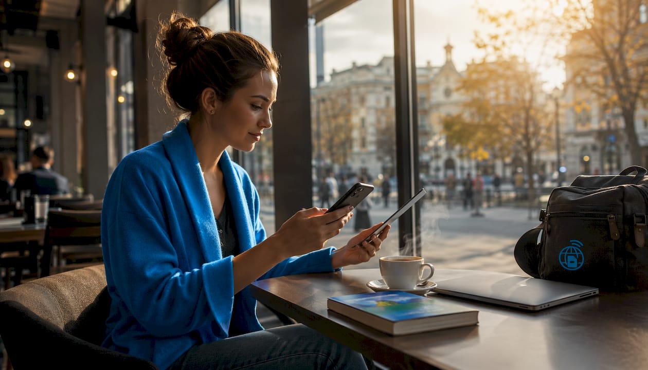 Traveler activating European eSIM on phone indoors