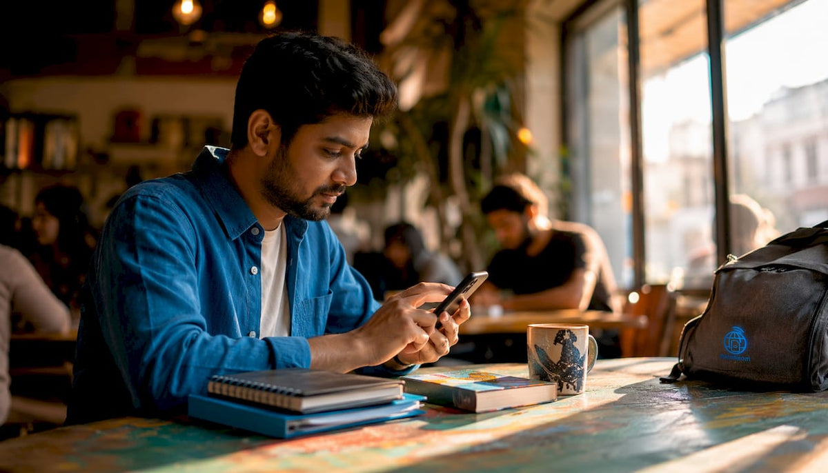 Man using smartphone to manage eSIM coverage