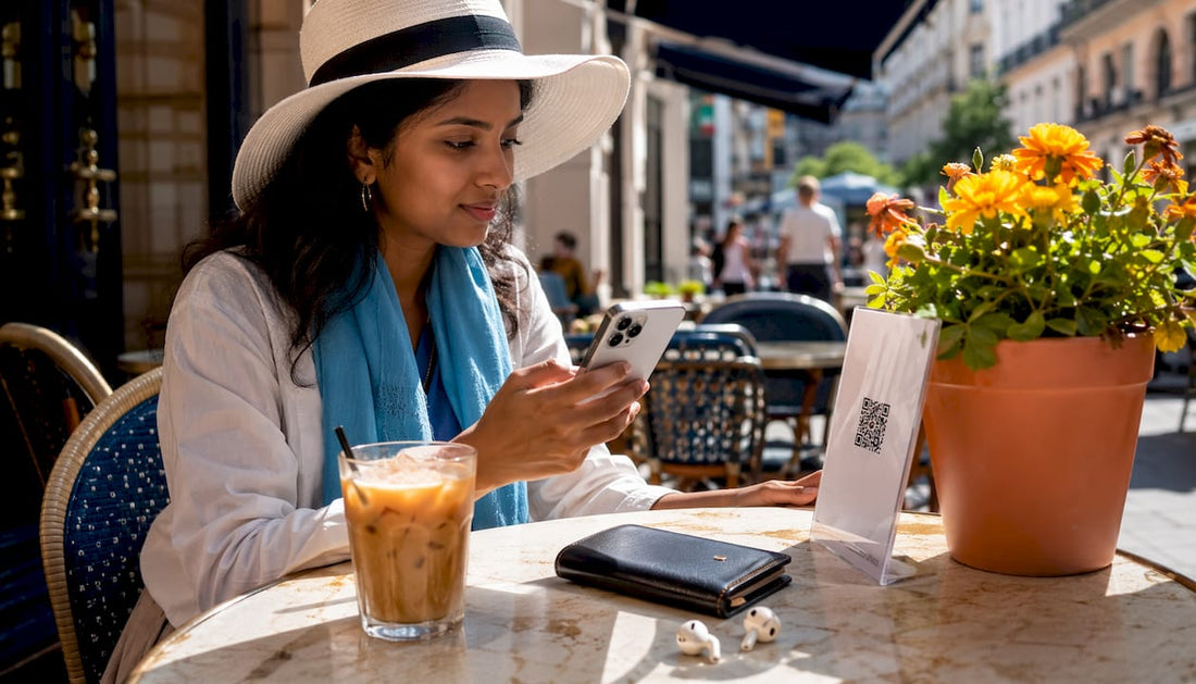 Traveler scanning eSIM QR code on iPhone 15
