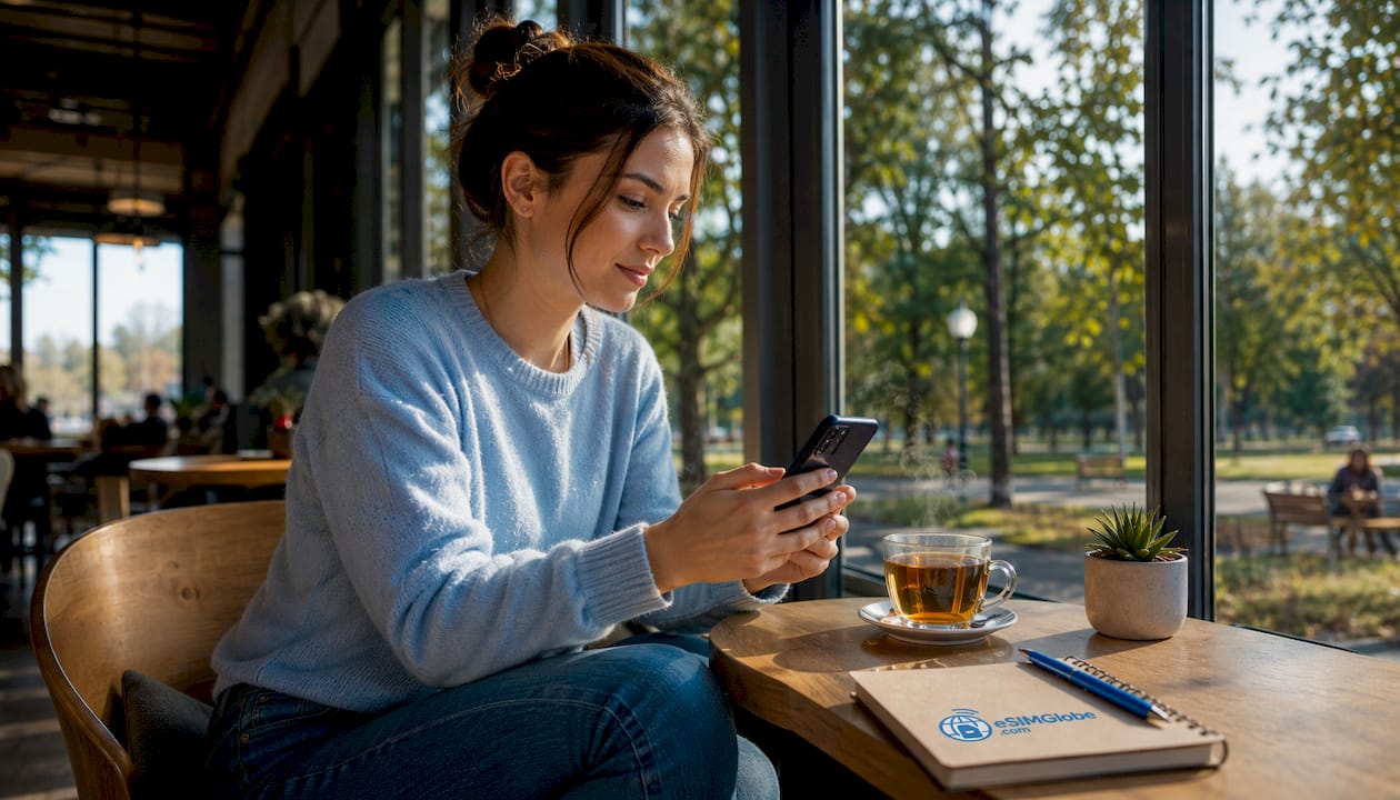 Woman checking eSIM data balance on phone