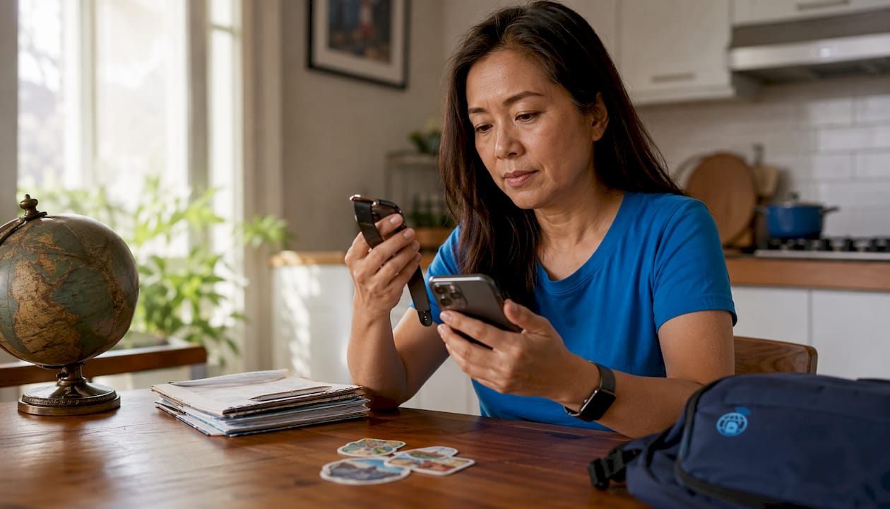 Traveler setting up Apple Watch and iPhone before trip