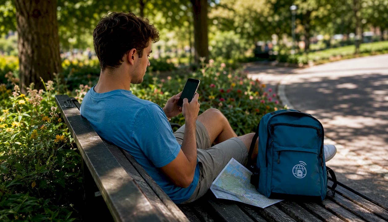 Traveler activating pay-as-you-go eSIM on phone