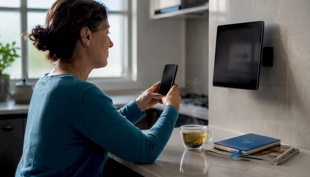 Woman installing prepaid travel eSIM at home