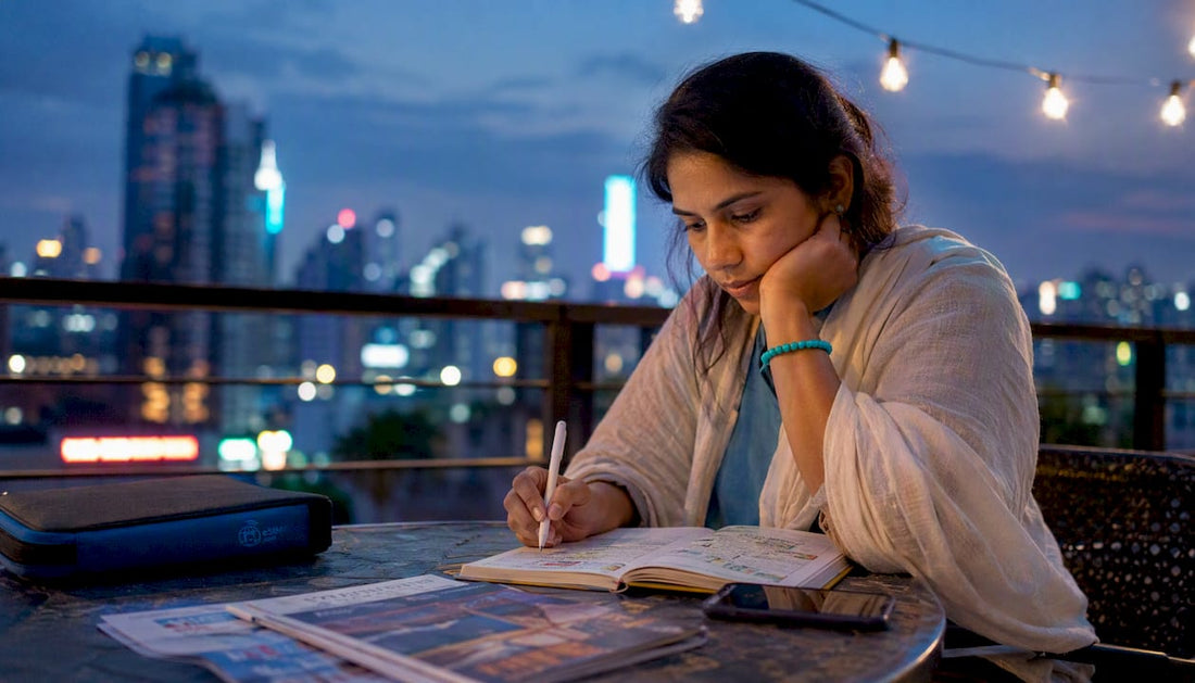 Woman calculating travel data needs at café