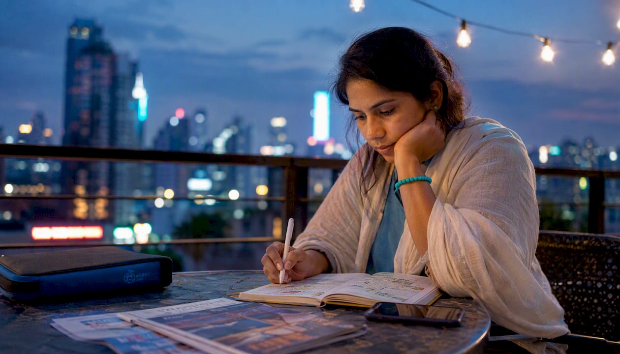 Woman calculating travel data needs at café