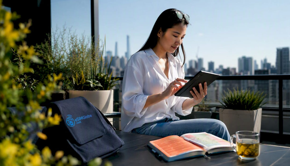 Woman activating eSIM on iPad at home desk