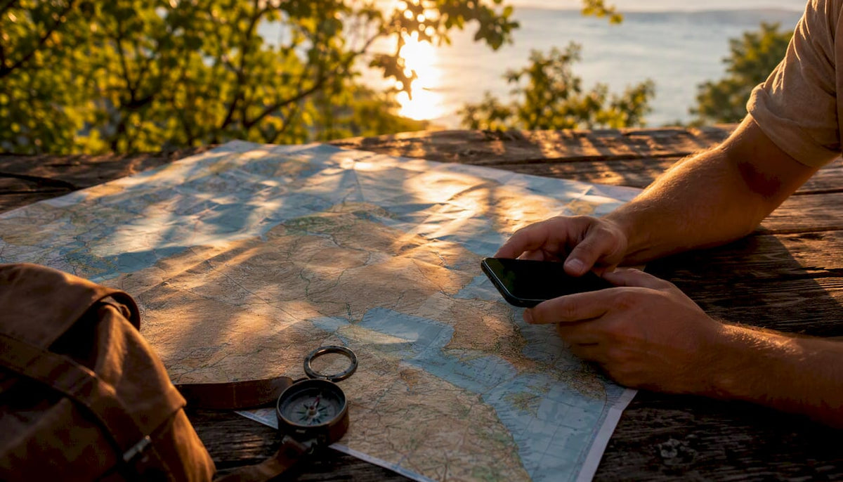 Hands holding phone near folded Egypt map
