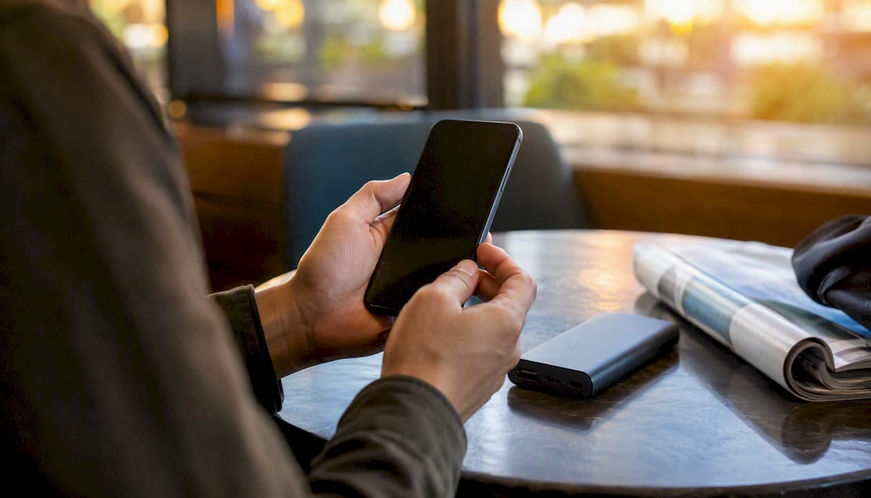 Hands holding smartphone preparing eSIM setup