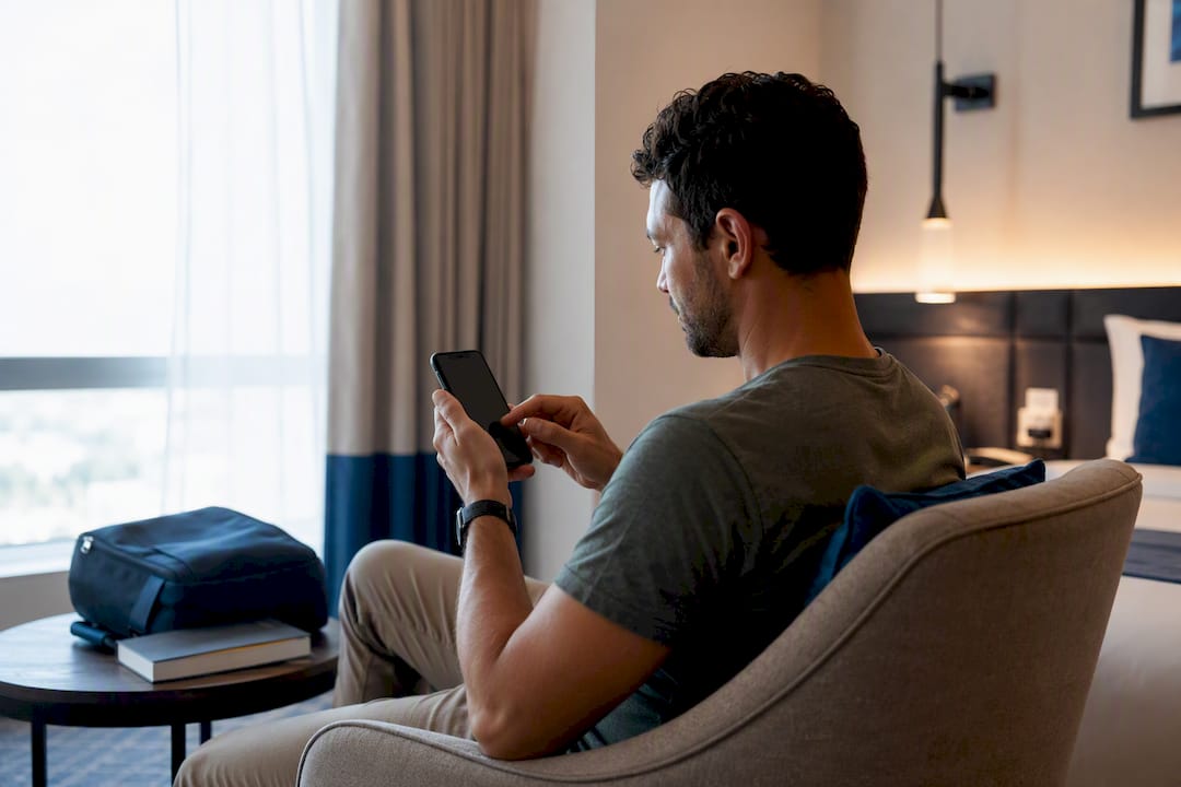 Traveler toggling Wi-Fi calling on phone