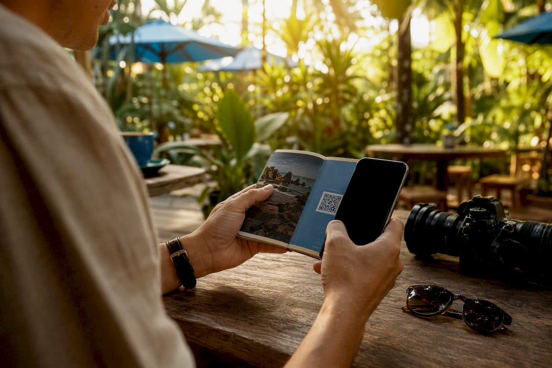 Hands scanning QR code on travel guide