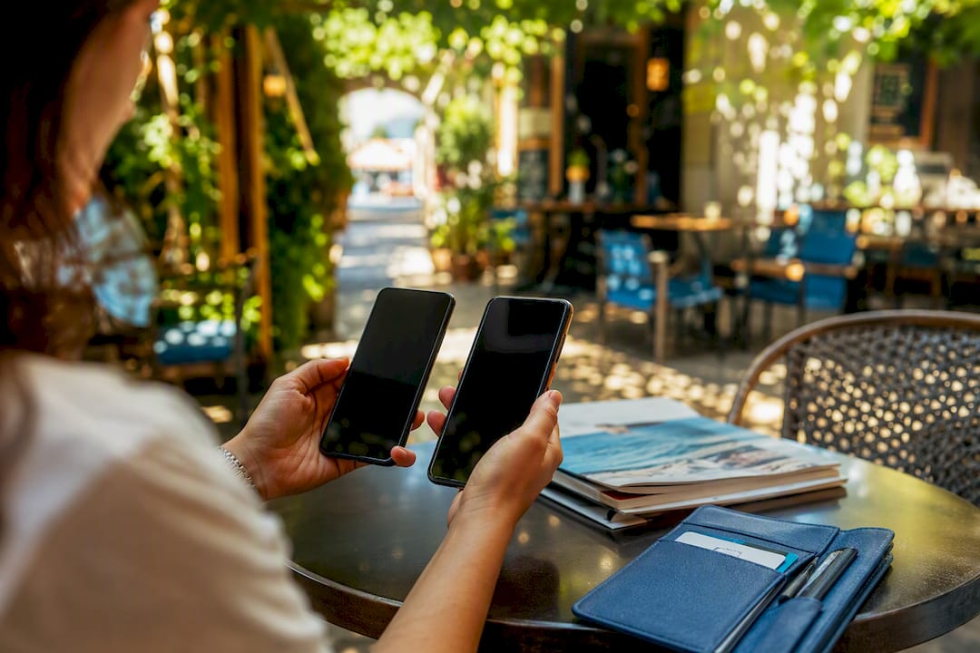 Hands comparing smartphones with eSIM plans