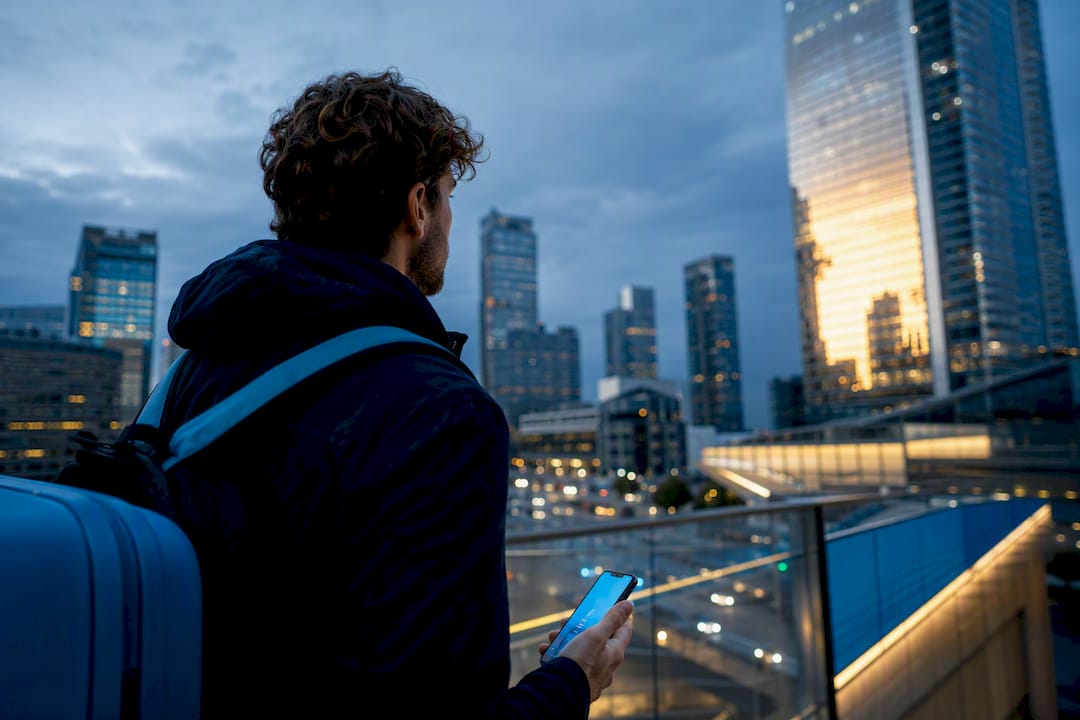 Traveler checking connectivity above modern city