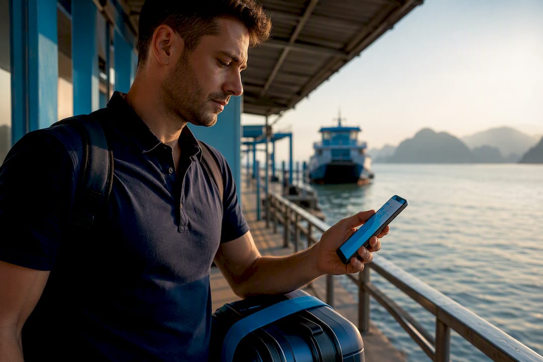 Traveler activating eSIM beside Thai ferry pier