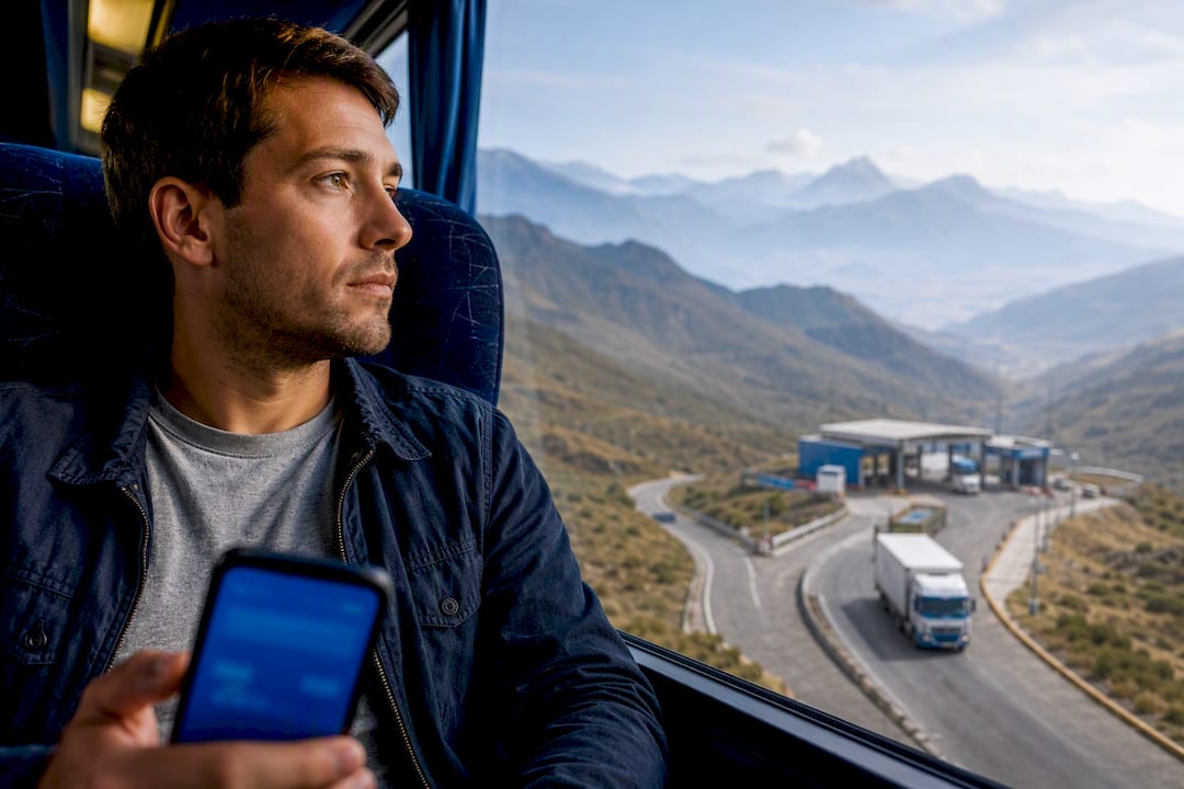Traveler using mobile data on Andean journey