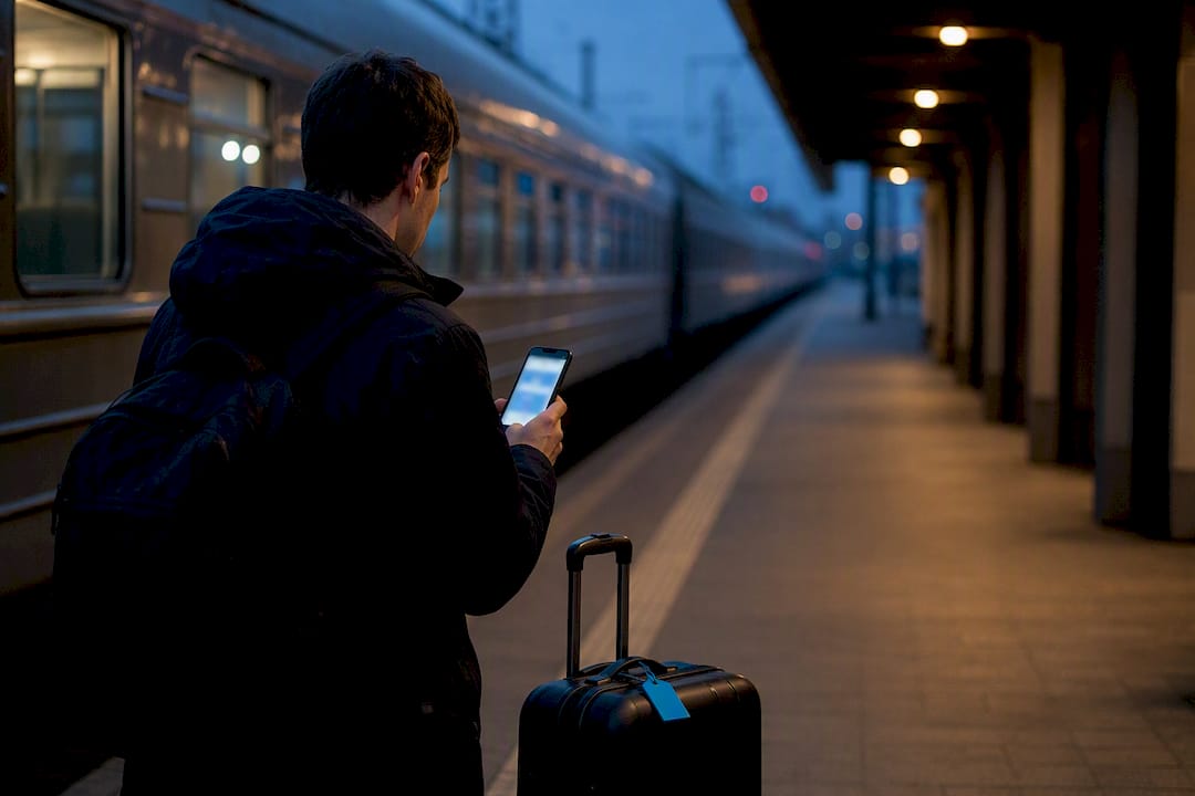 Traveler checking phone at Minsk platform