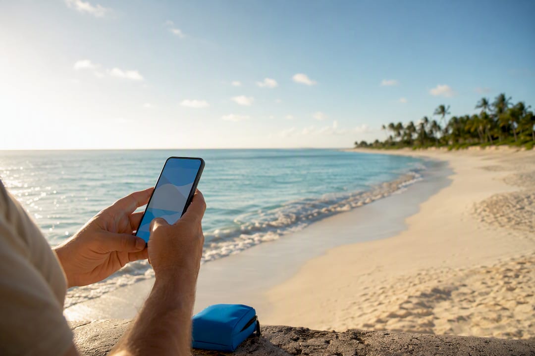 Traveler using connectivity at Grace Bay