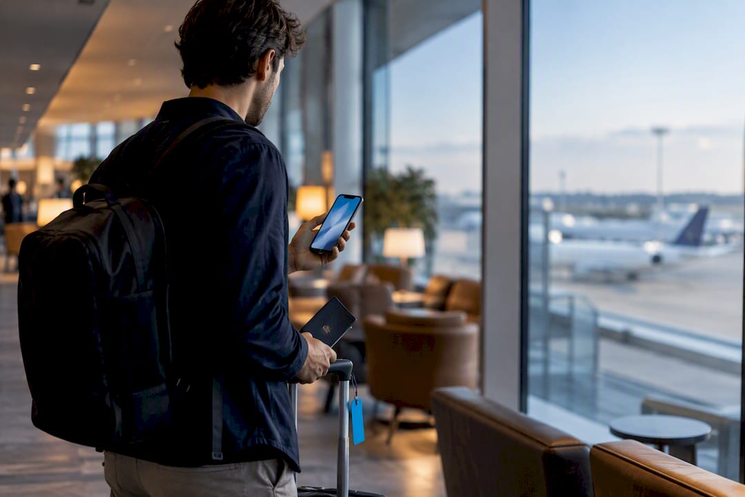 Traveler using cellular data in airport lounge