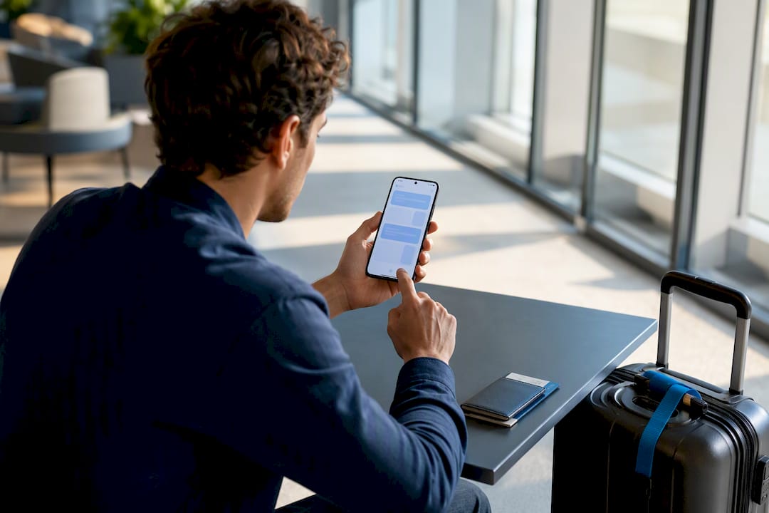 Traveler comparing mobile connectivity plans