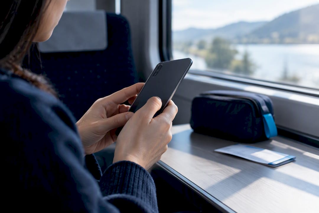 Traveler checking phone before departure