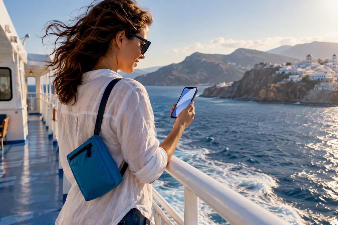 Traveler checking connectivity on Greek ferry